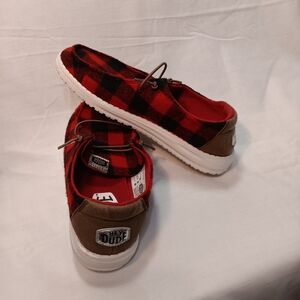 Hey Dude Kids Red and Black Plaid Shoes